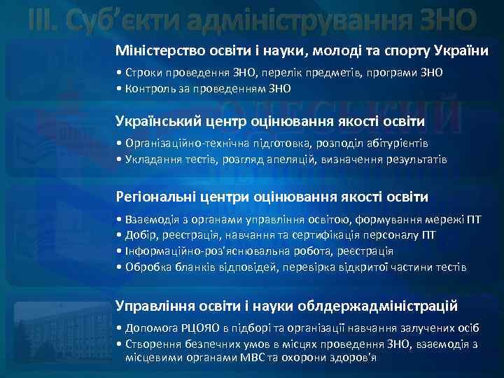 ІІІ. Суб’єкти адміністрування ЗНО Міністерство освіти і науки, молоді та спорту України • Строки