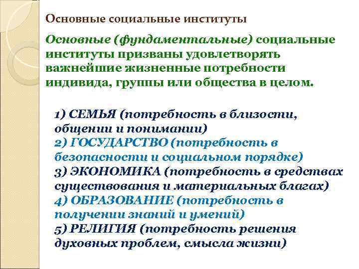 Основные социальные институты Основные (фундаментальные) социальные институты призваны удовлетворять важнейшие жизненные потребности индивида, группы