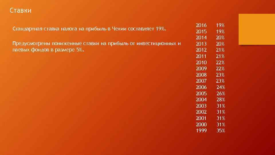 Ставки Стандартная ставка налога на прибыль в Чехии составляет 19%. Предусмотрены пониженные ставки на