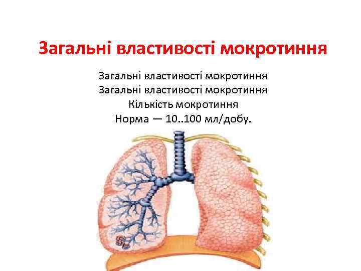 Загальні властивості мокротиння Кількість мокротиння Норма — 10. . 100 мл/добу. 