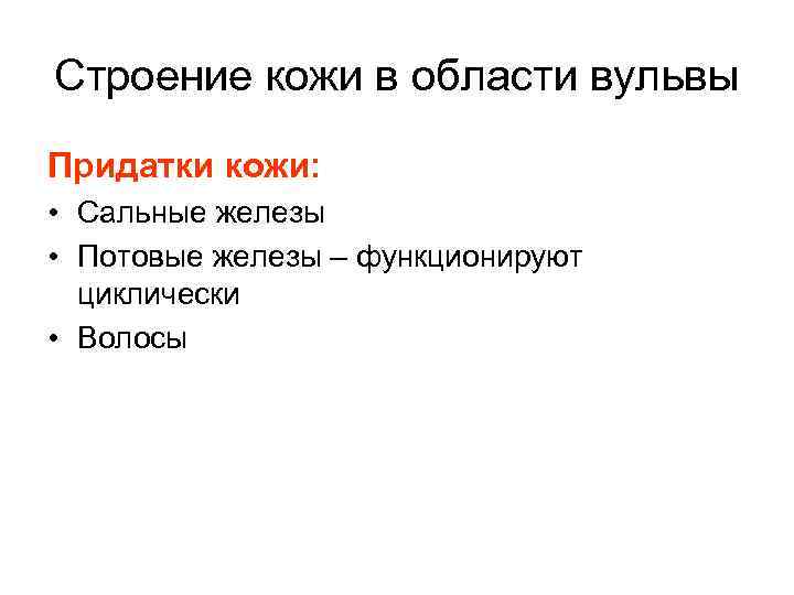 Строение кожи в области вульвы Придатки кожи: • Сальные железы • Потовые железы –