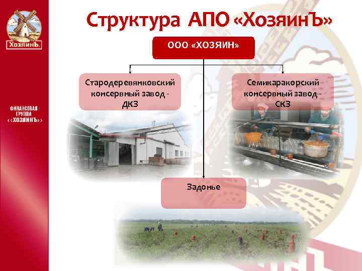 Структура АПО «Хозяин. Ъ» ООО «ХОЗЯИН» Стародеревянковский консервный завод ДКЗ Семикаракорский консервный завод СКЗ