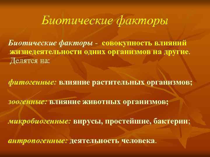 Биотические факторы - совокупность влияний жизнедеятельности одних организмов на другие. Делятся на: фитогенные: влияние