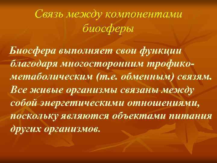 Связь между компонентами биосферы Биосфера выполняет свои функции благодаря многосторонним трофикометаболическим (т. е. обменным)