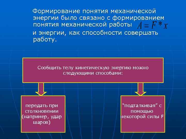 Формирование понятия механической энергии было связано с формированием понятия механической работы и энергии, как