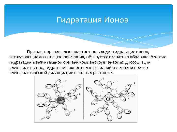 Гидратация Ионов При растворении электролитов происходит гидратация ионов, затрудняющая ассоциацию последних, образуется гидратная оболочка.