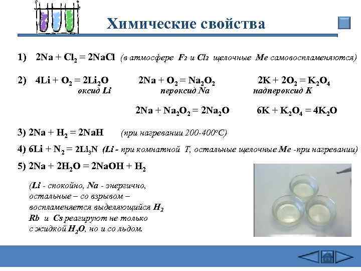 Химические свойства 1) 2 Na + Cl 2 = 2 Na. Cl (в атмосфере