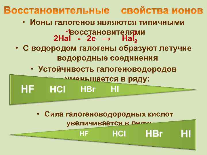  • Ионы галогенов являются типичными -1 восстановителями 0 2 Hal - 2 e