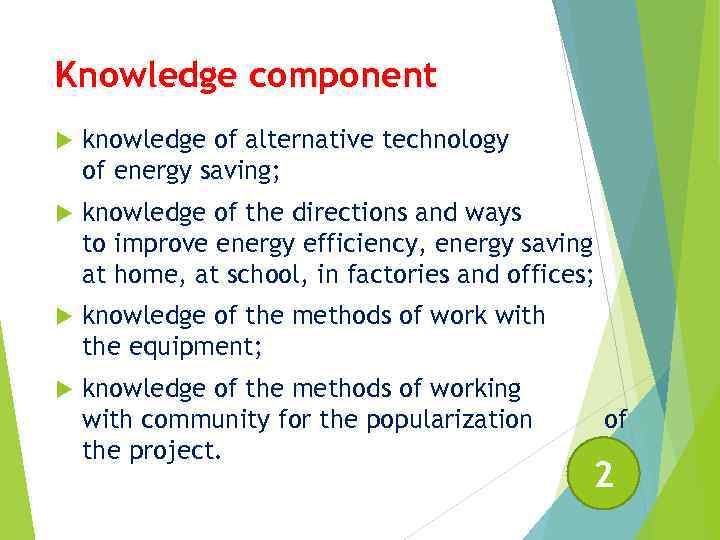 Knowledge component knowledge of alternative technology of energy saving; knowledge of the directions and