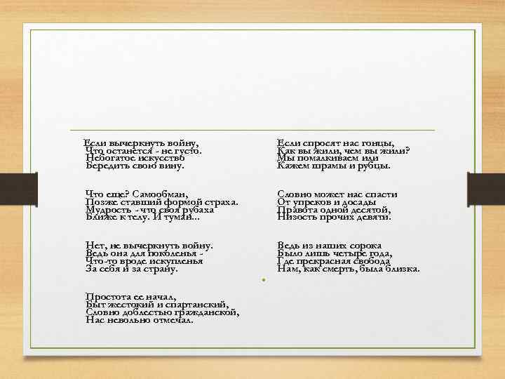 Если вычеркнуть войну, Что останется - не густо. Небогатое искусство Бередить свою вину. Если