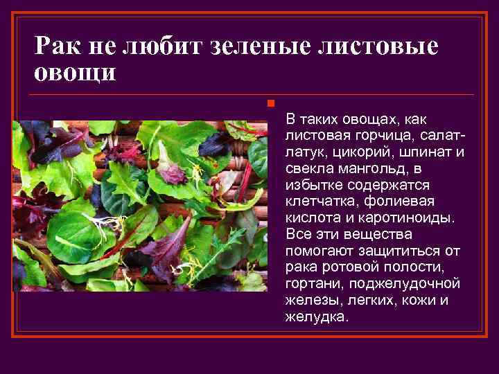 Рак не любит зеленые листовые овощи n В таких овощах, как листовая горчица, салатлатук,