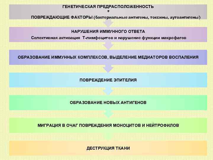 ГЕНЕТИЧЕСКАЯ ПРЕДРАСПОЛОЖЕННОСТЬ + ПОВРЕЖДАЮЩИЕ ФАКТОРЫ (бактериальные антигены, токсины, аутоантигены) НАРУШЕНИЯ ИММУННОГО ОТВЕТА Селективная активация