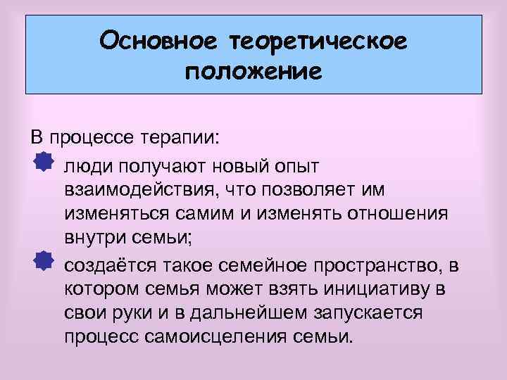 Основное теоретическое положение В процессе терапии: î люди получают новый опыт взаимодействия, что позволяет