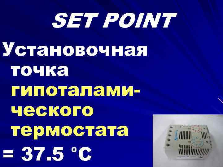 SET POINT Установочная точка гипоталамического термостата = 37. 5 °С 