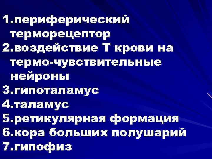 1. периферический терморецептор 2. воздействие Т крови на термо-чувствительные нейроны 3. гипоталамус 4. таламус