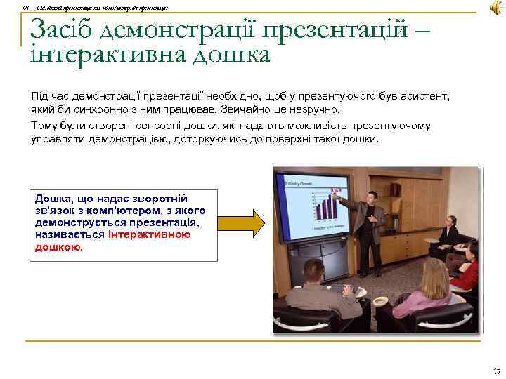 01 – Поняття презентації та комп'ютерної презентації Засіб демонстрації презентацій – інтерактивна дошка Під