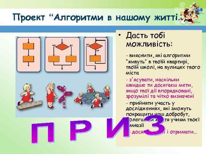 Проект “Алгоритми в нашому житті…” • Дасть тобі можливість: - вияснити, які алгоритми “живуть”