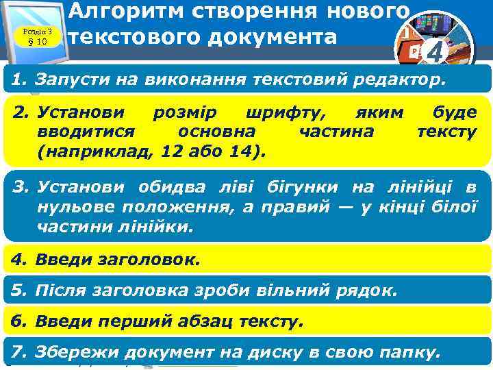 Розділ 3 § 10 Алгоритм створення нового текстового документа 4 1. Запусти на виконання