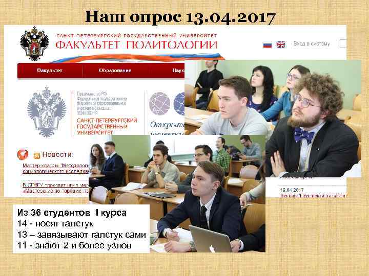 Наш опрос 13. 04. 2017 Из 36 студентов I курса 14 - носят галстук