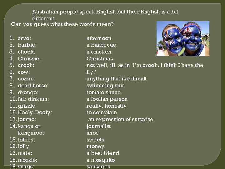 Australian people speak English but their English is a bit different. Can you guess