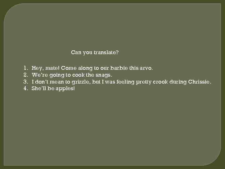 Can you translate? 1. 2. 3. 4. Hey, mate! Come along to our barbie