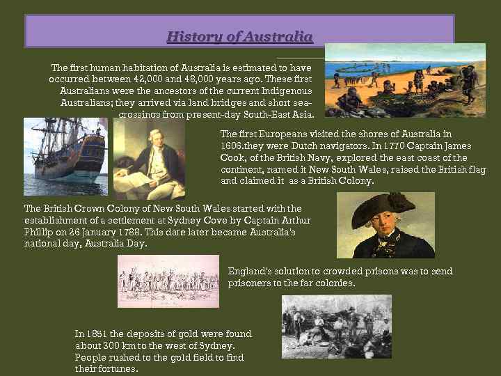 History of Australia The first human habitation of Australia is estimated to have occurred