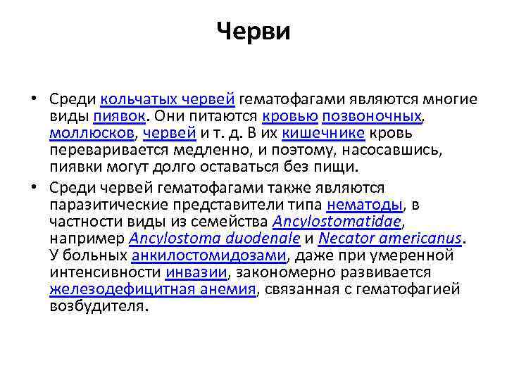 Черви • Среди кольчатых червей гематофагами являются многие виды пиявок. Они питаются кровью позвоночных,