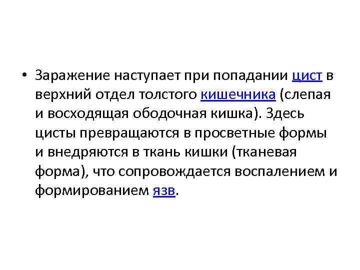  • Заражение наступает при попадании цист в верхний отдел толстого кишечника (слепая и