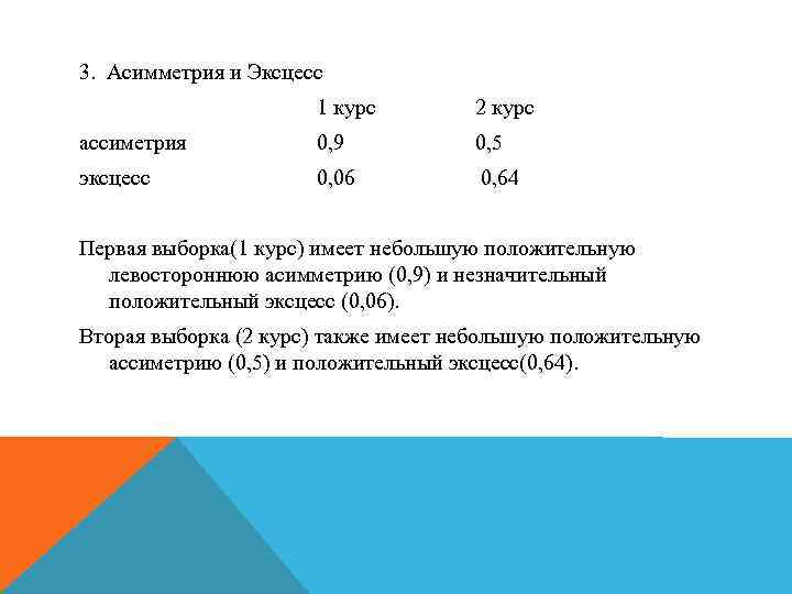 3. Асимметрия и Эксцесс 1 курс 2 курс ассиметрия 0, 9 0, 5 эксцесс