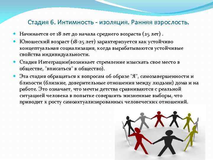 Стадия 6. Интимность - изоляция. Ранняя взрослость. Начинается от 18 лет до начала среднего