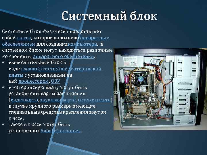 Составляющие пк. Компоненты компьютерного блока. Системный блок характеристики. Основные характеристики системного блока. Компоненты внутри системного блока.