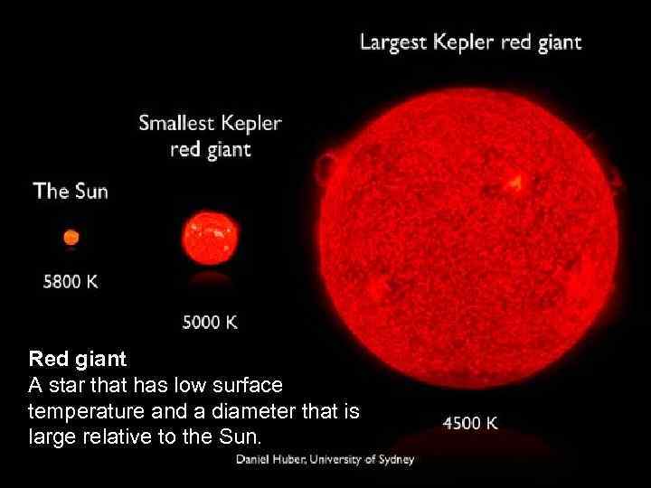 Red giant A star that has low surface temperature and a diameter that is