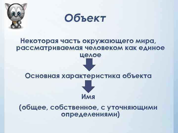 Объект Некоторая часть окружающего мира, рассматриваемая человеком как единое целое Основная характеристика объекта Имя