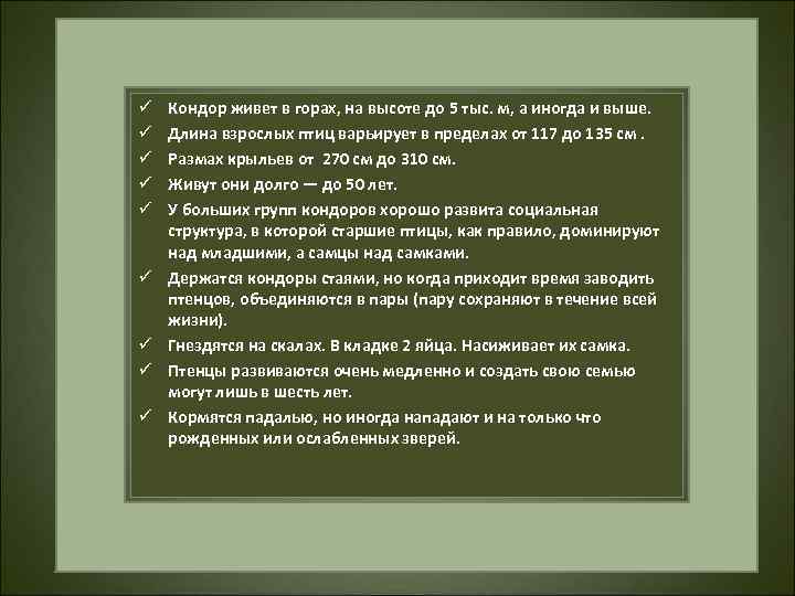 ü ü ü ü ü Кондор живет в горах, на высоте до 5 тыс.