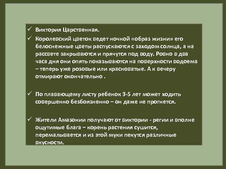 ü Виктория Царственная. ü Королевский цветок ведет ночной «образ жизни» его белоснежные цветы распускаются