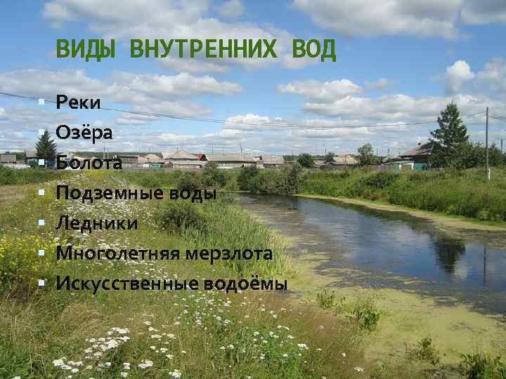 ВИДЫ ВНУТРЕННИХ ВОД Реки Озёра Болота Подземные воды Ледники Многолетняя мерзлота Искусственные водоёмы 