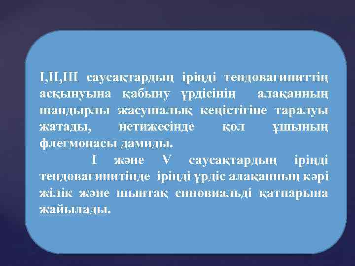 I, III саусақтардың іріңді тендовагиниттің асқынуына қабыну үрдісінің алақанның шандырлы жасушалық кеңістігіне таралуы жатады,