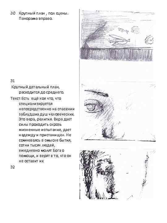 30 Крупный план , пол сцены. Панорама вправо. 31 Крупный детальный план, расходится до