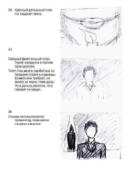 36 Крупный детальный план. Он задувает свечу. 37 Средний фронтальный план. Герой находится в