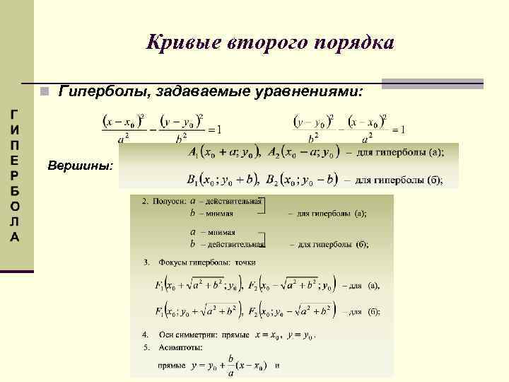 Кривые второго порядка n Гиперболы, задаваемые уравнениями: Вершины: 