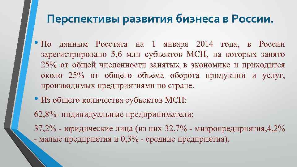 Перспективы развития бизнеса в России. • По данным Росстата на 1 января 2014 года,