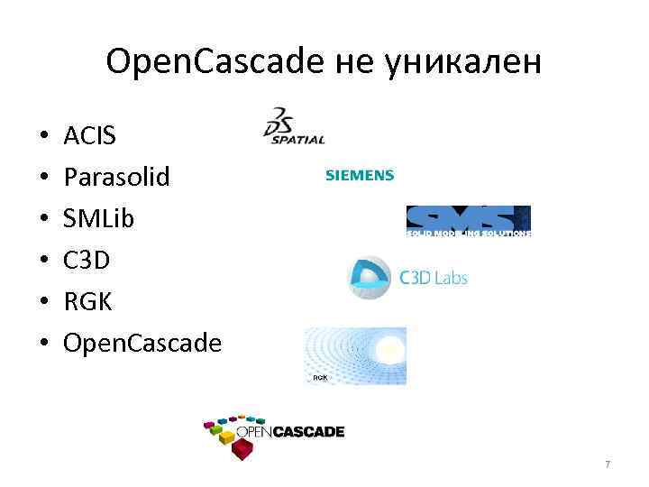 Open. Cascade не уникален • • • ACIS Parasolid SMLib C 3 D RGK