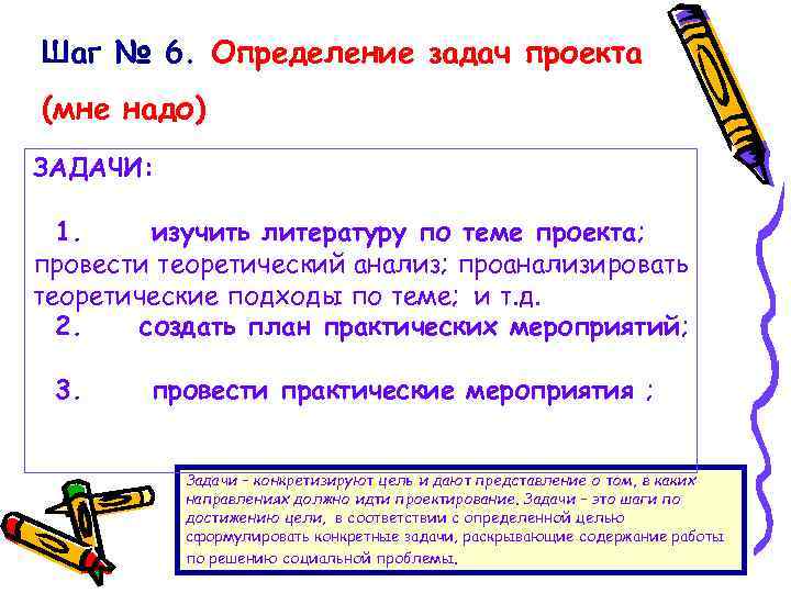 Шаг № 6. Определение задач проекта (мне надо) ЗАДАЧИ: 1. изучить литературу по теме