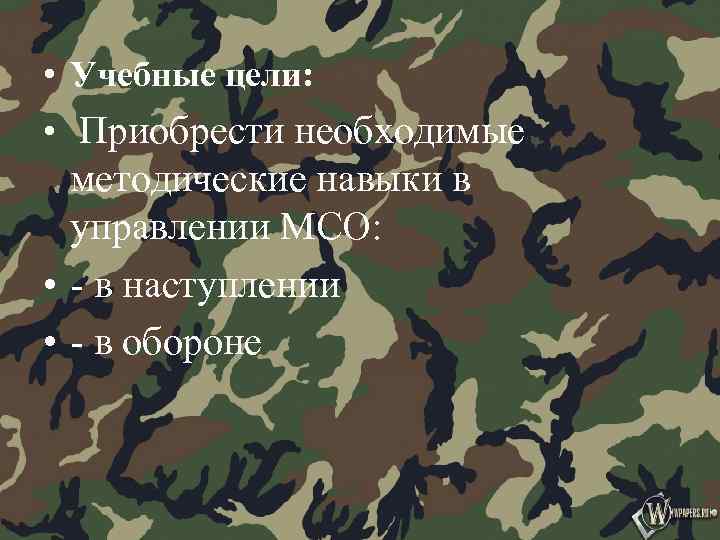  • Учебные цели: • Приобрести необходимые методические навыки в управлении МСО: • -