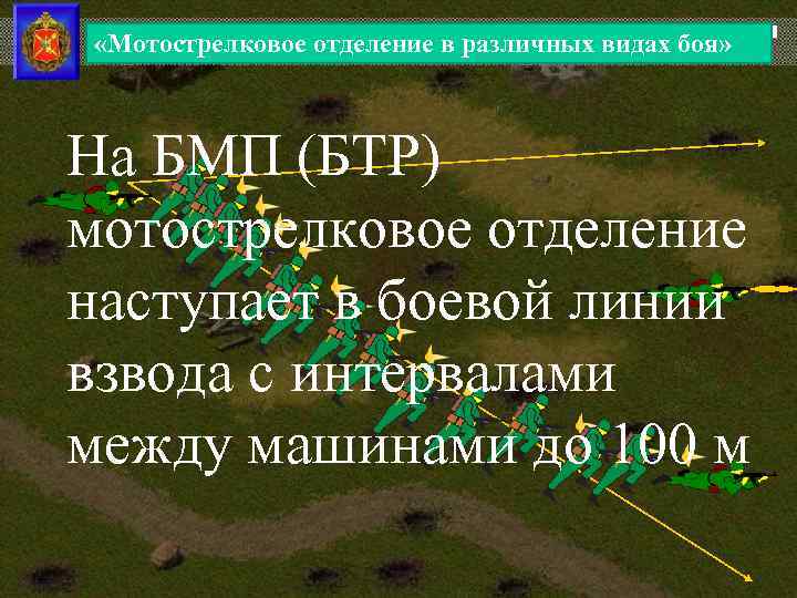  «Мотострелковое отделение в различных видах боя» На БМП (БТР) мотострелковое отделение наступает в