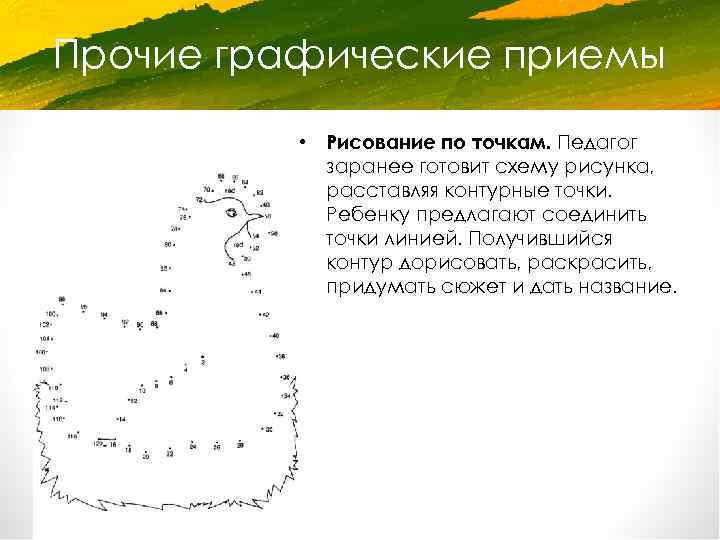 Прочие графические приемы • Рисование по точкам. Педагог заранее готовит схему рисунка, расставляя контурные