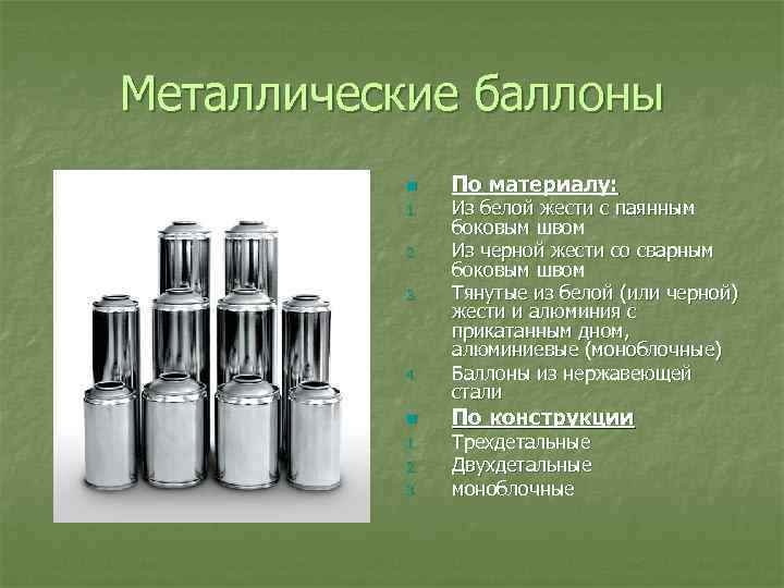 Металлические баллоны n 1. 2. 3. 4. n 1. 2. 3. По материалу: Из