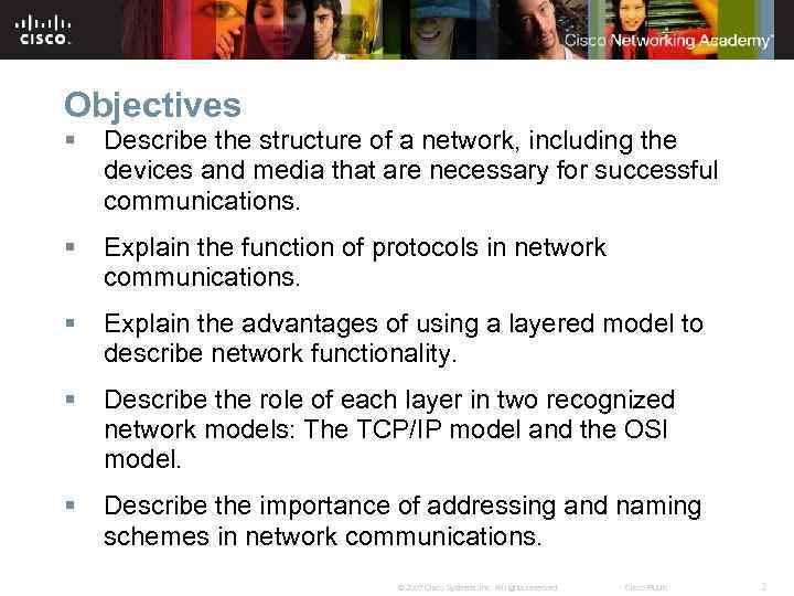 Objectives § Describe the structure of a network, including the devices and media that