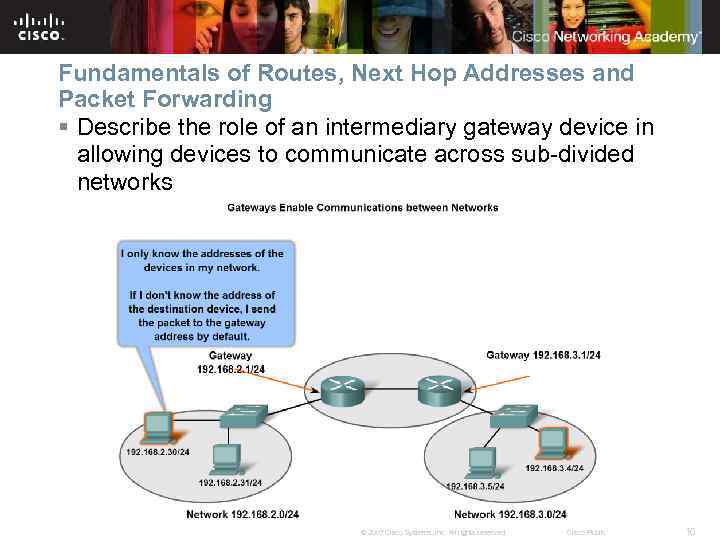 Fundamentals of Routes, Next Hop Addresses and Packet Forwarding § Describe the role of