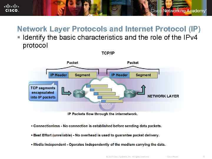 Network Layer Protocols and Internet Protocol (IP) § Identify the basic characteristics and the